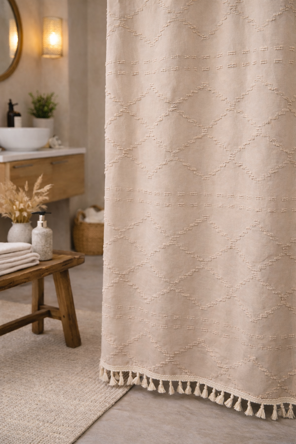 Valencia Tufted Beige Shower Curtain